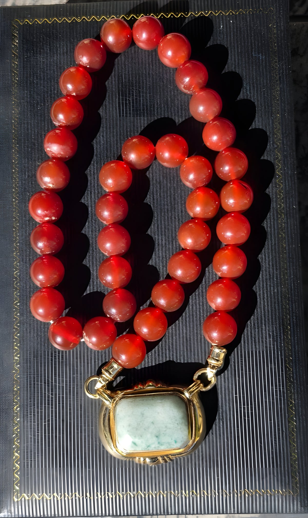 Vintage Red Bead Necklace w/ 14K Gold Green Jade Center Pendant 20"