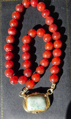 Vintage Red Bead Necklace w/ 14K Gold Green Jade Center Pendant 20"
