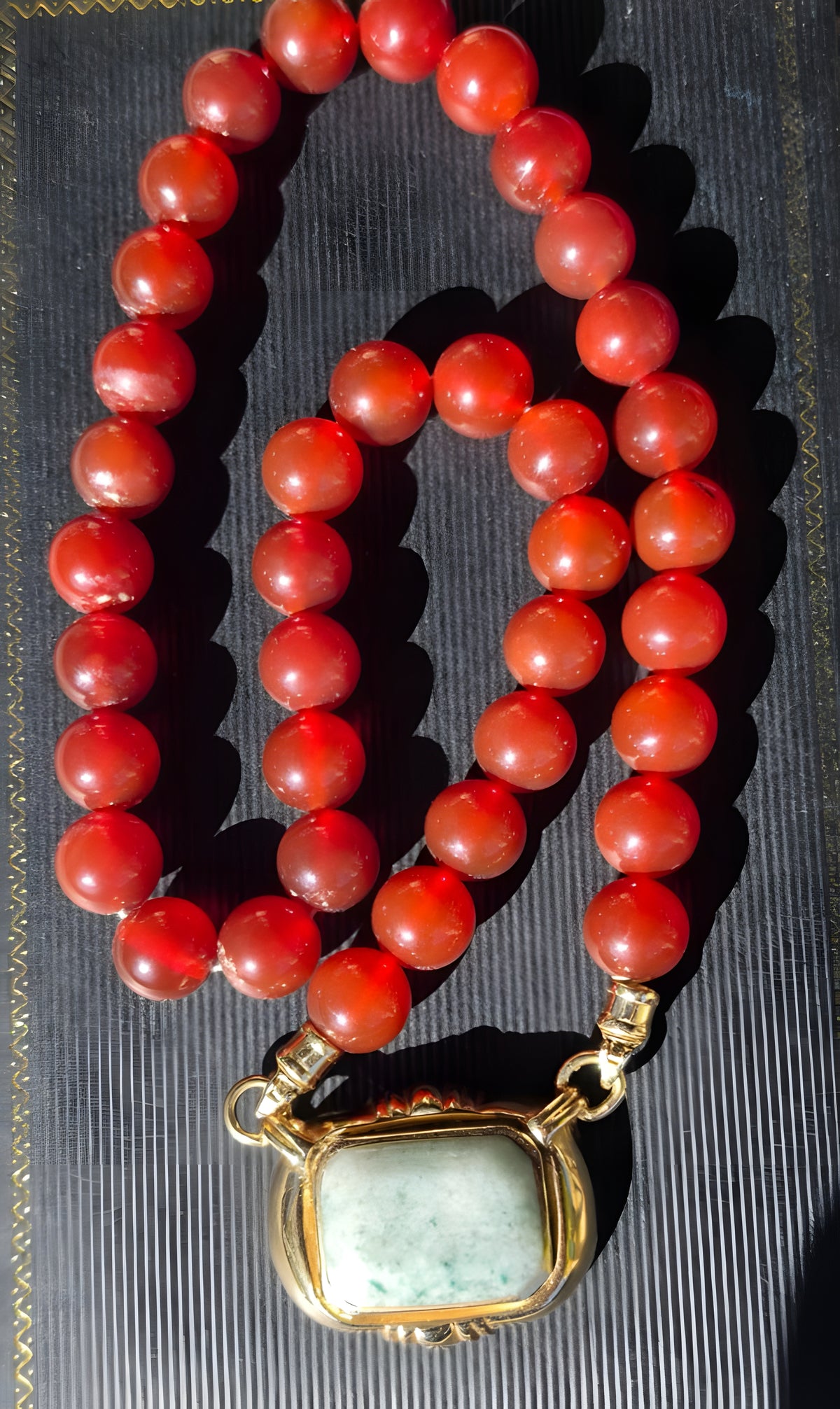 Vintage Red Bead Necklace w/ 14K Gold Green Jade Center Pendant 20"