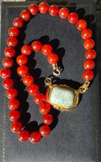 Vintage Red Bead Necklace w/ 14K Gold Green Jade Center Pendant 20"