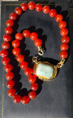 Vintage Red Bead Necklace w/ 14K Gold Green Jade Center Pendant 20"