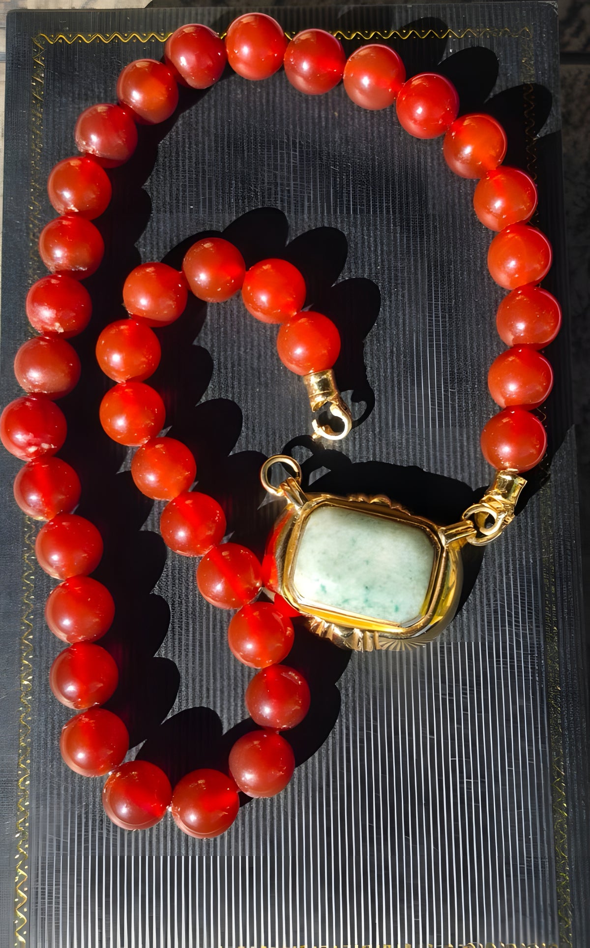 Vintage Red Bead Necklace w/ 14K Gold Green Jade Center Pendant 20"