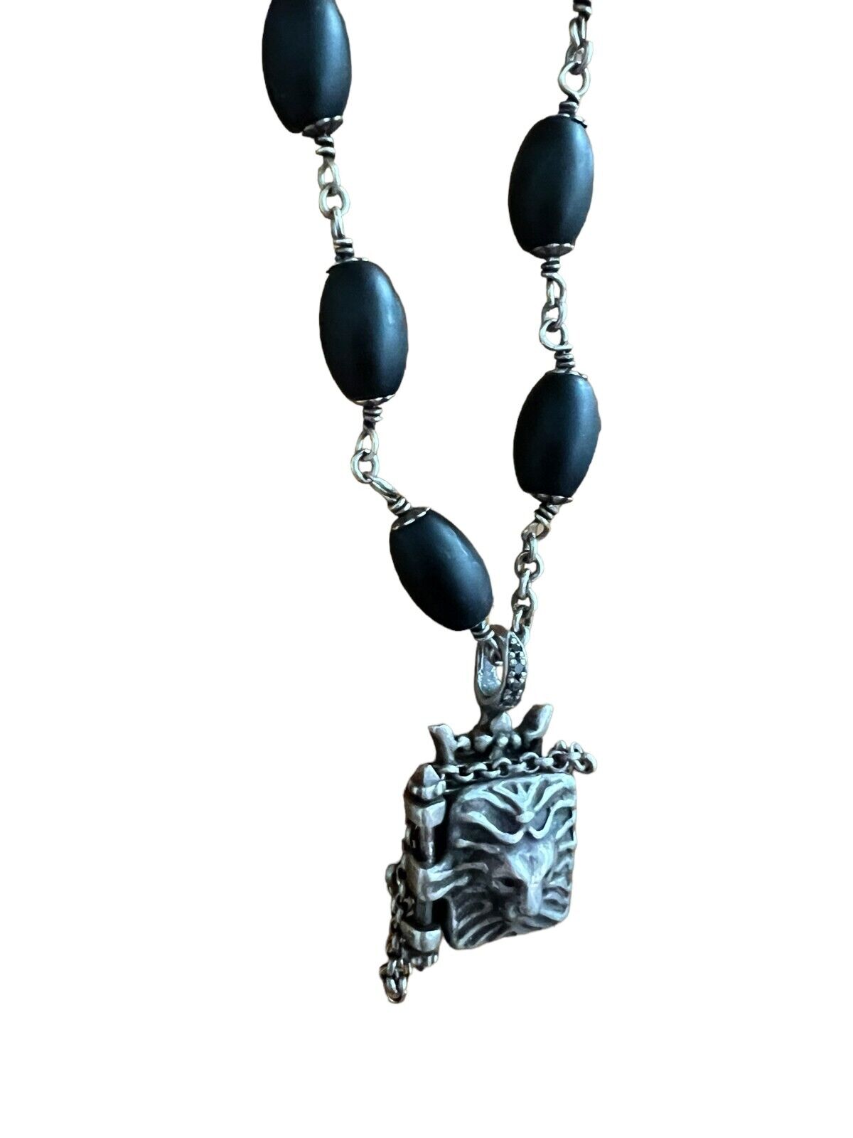 Roman Paul Sterling Silver Lion Diamond Locket with Oval Onyx Beads