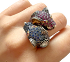 14kt Yellow Gold and Sterling Double Jaguar Head Rose Cut Diamond Ring Sz 8