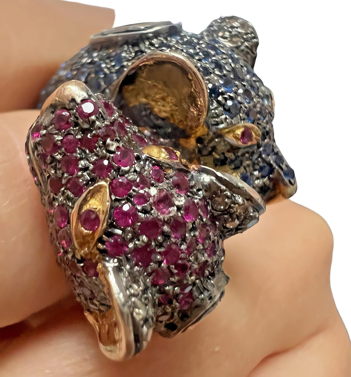 14kt Yellow Gold and Sterling Double Jaguar Head Rose Cut Diamond Ring Sz 8
