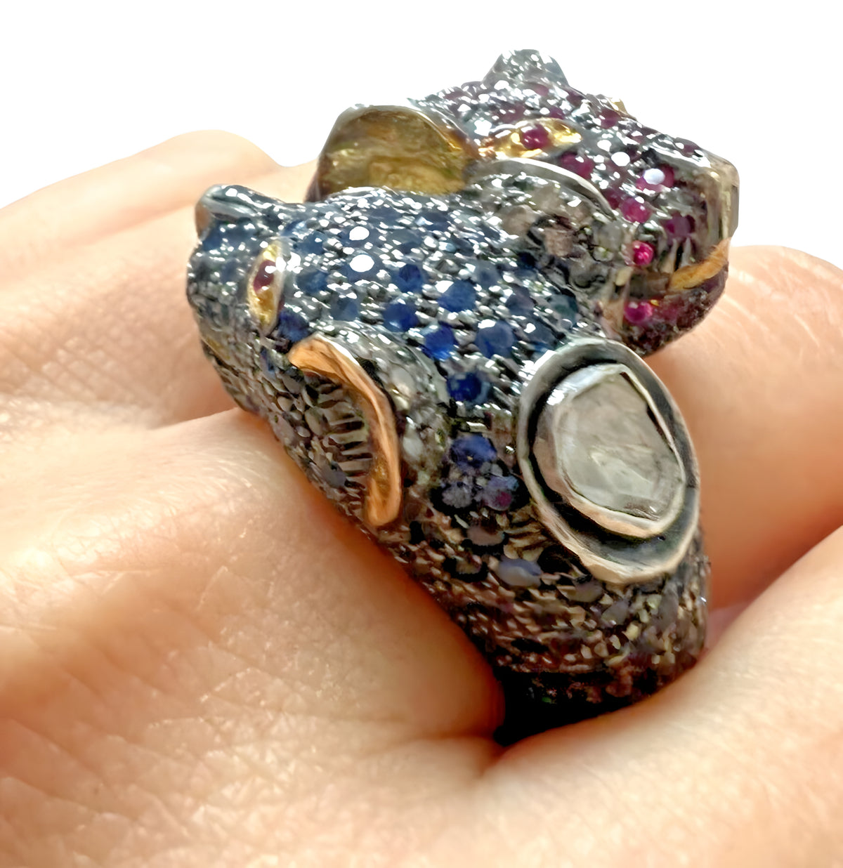 14kt Yellow Gold and Sterling Double Jaguar Head Rose Cut Diamond Ring Sz 8