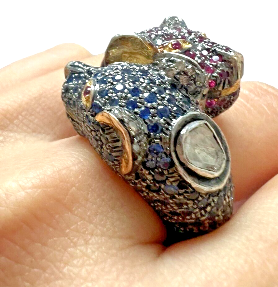 14kt Yellow Gold and Sterling Double Jaguar Head Rose Cut Diamond Ring Sz 8