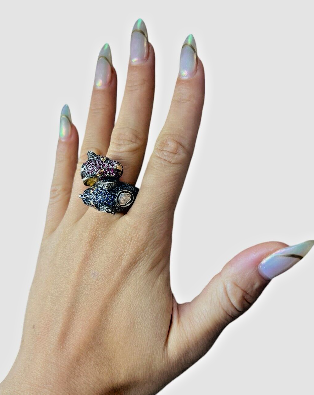 14kt Yellow Gold and Sterling Double Jaguar Head Rose Cut Diamond Ring Sz 8