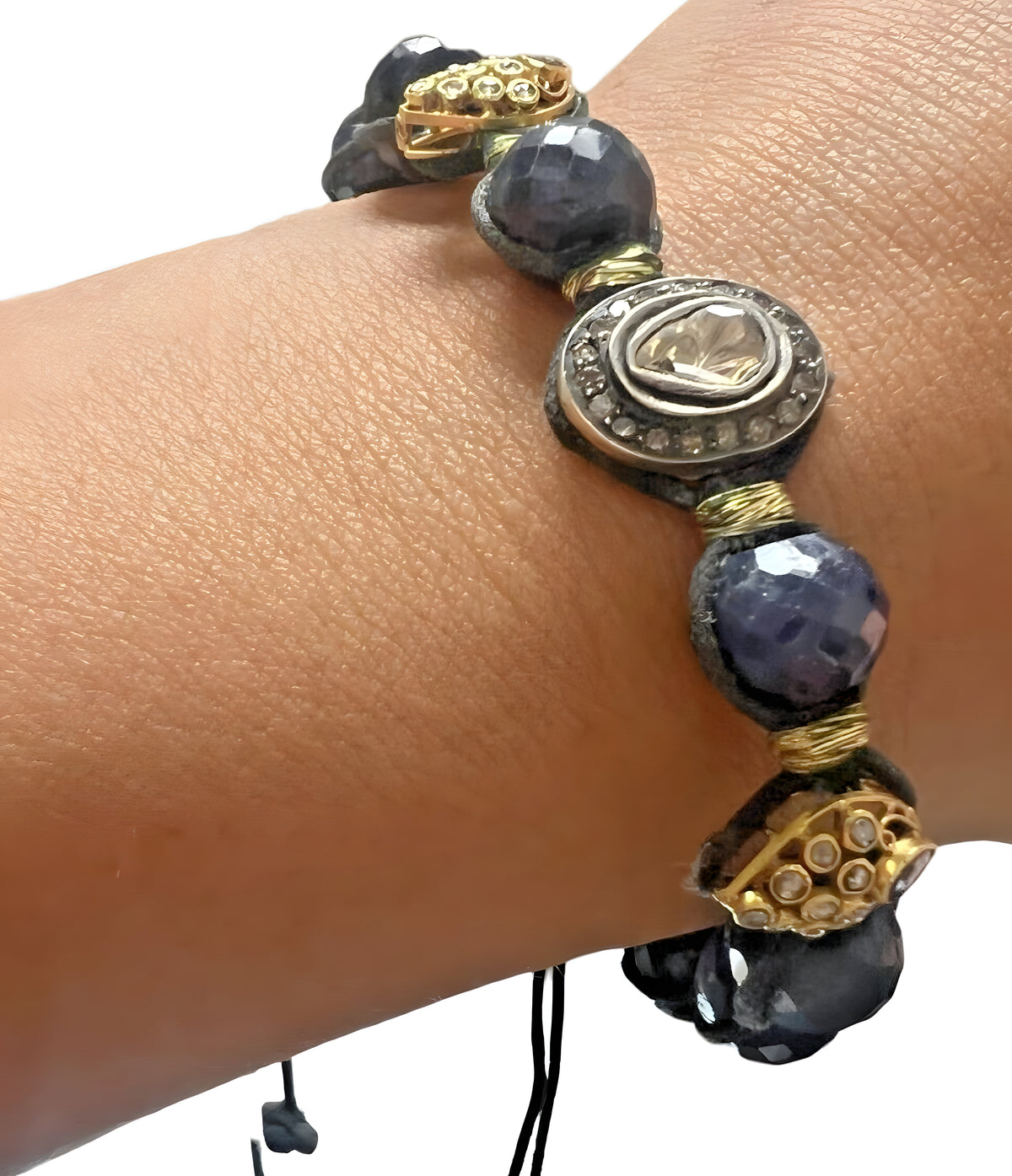 14kt Yellow Gold, Sterling Silver, Diamond, and Sapphire Shamballa Bracelet