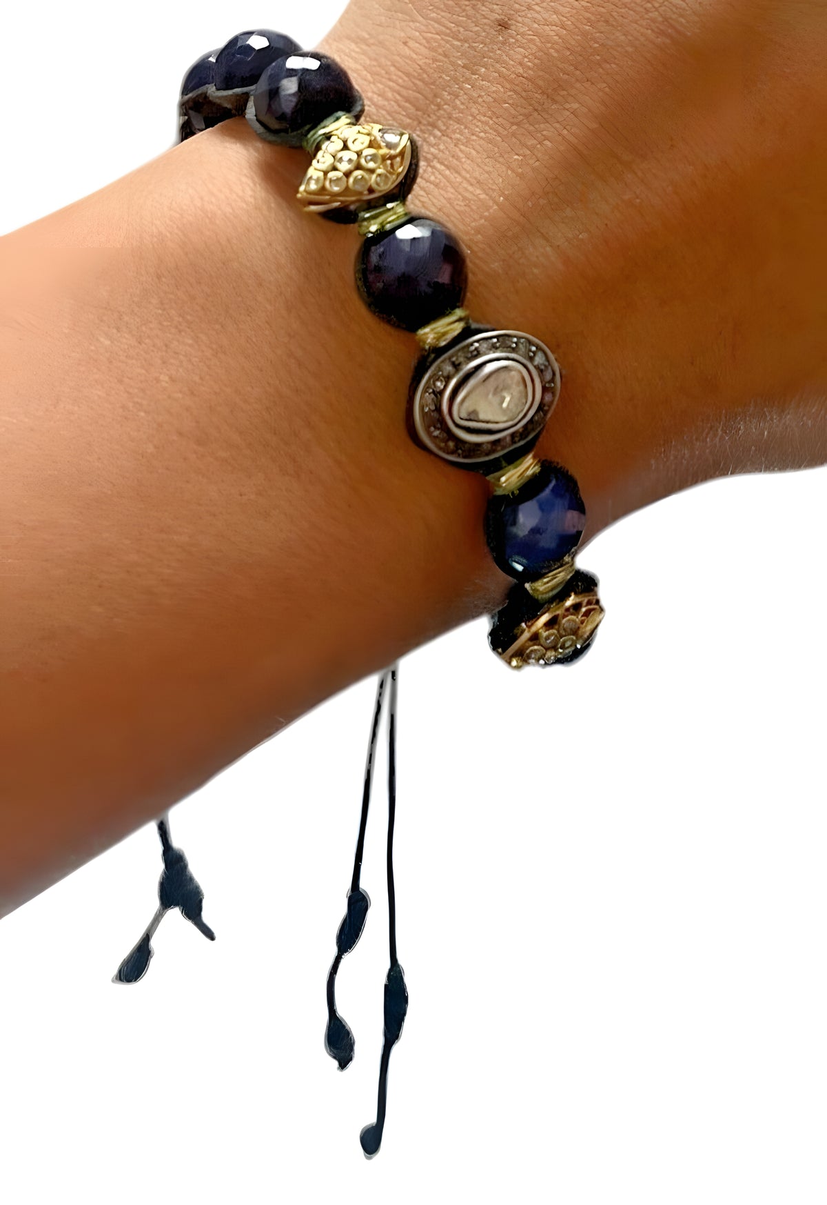 14kt Yellow Gold, Sterling Silver, Diamond, and Sapphire Shamballa Bracelet