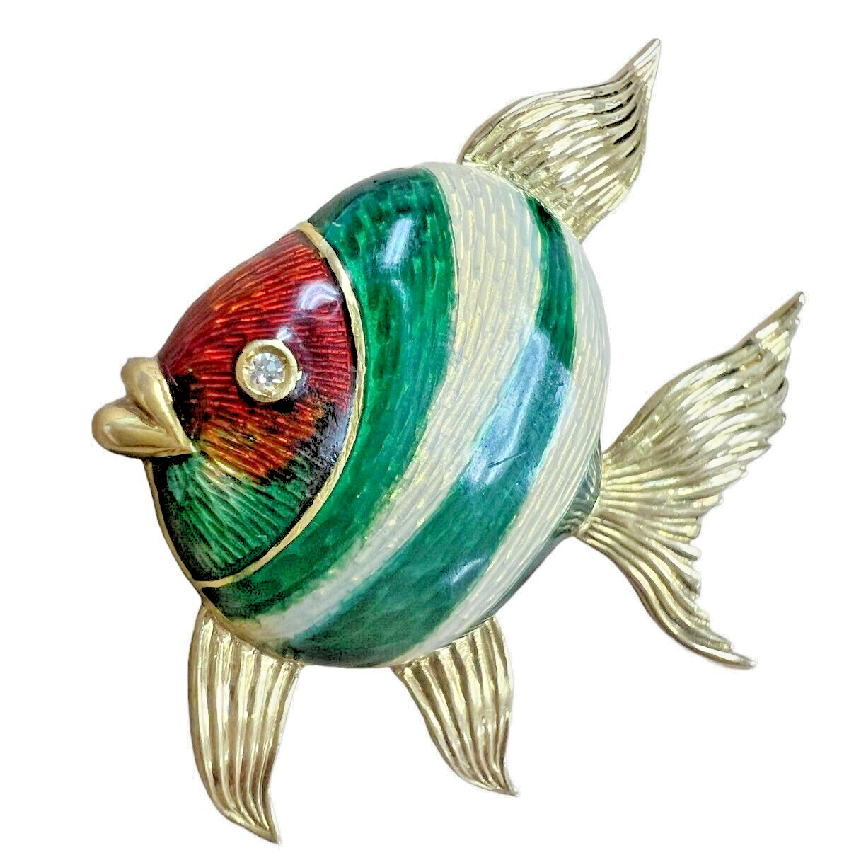 Tiffany and Co 18kt Yellow Gold & Guilloche Enamel Angel Fish Brooch 8.3gr