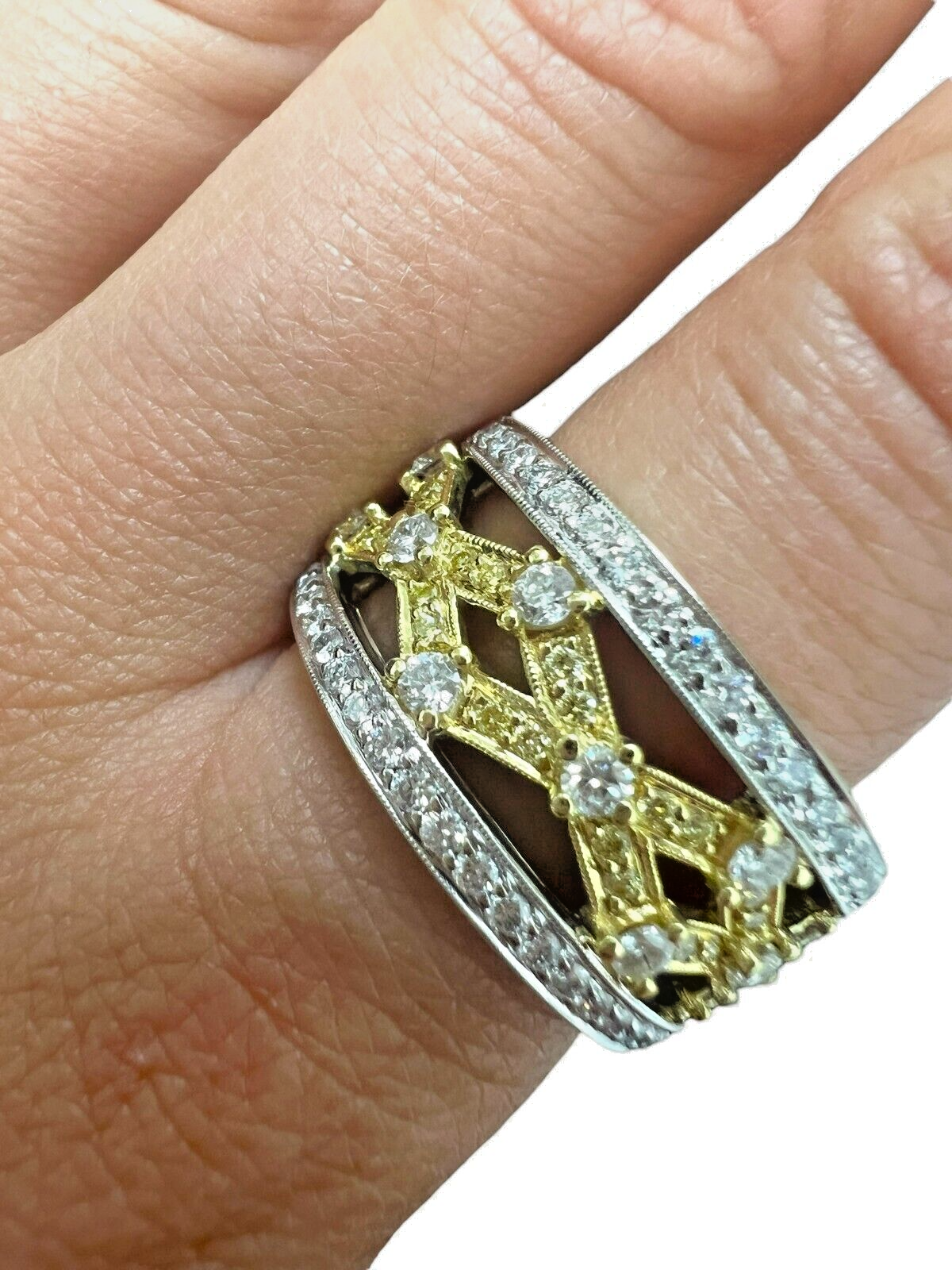 Simon G. 18kt Yellow and White Gold 1.00ctw Diamond Wide Band Ring sz9.75