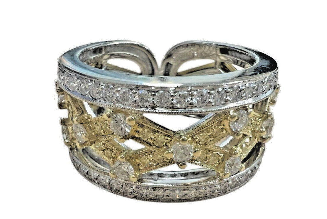 Simon G. 18kt Yellow and White Gold 1.00ctw Diamond Wide Band Ring sz9.75