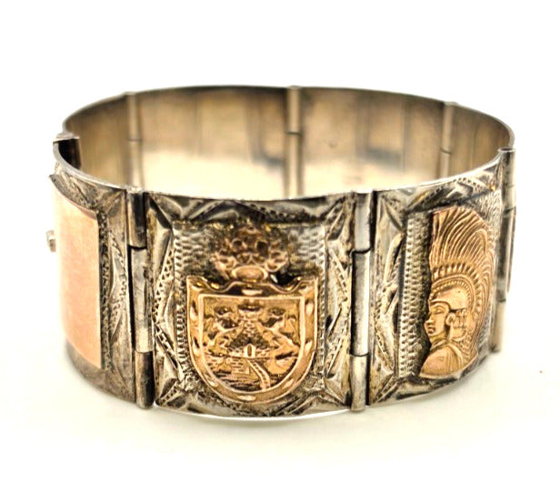 Vintage Mexico 925 Sterling Silver 7K Rose Gold Aztec Mayan Bracelet 69.4g