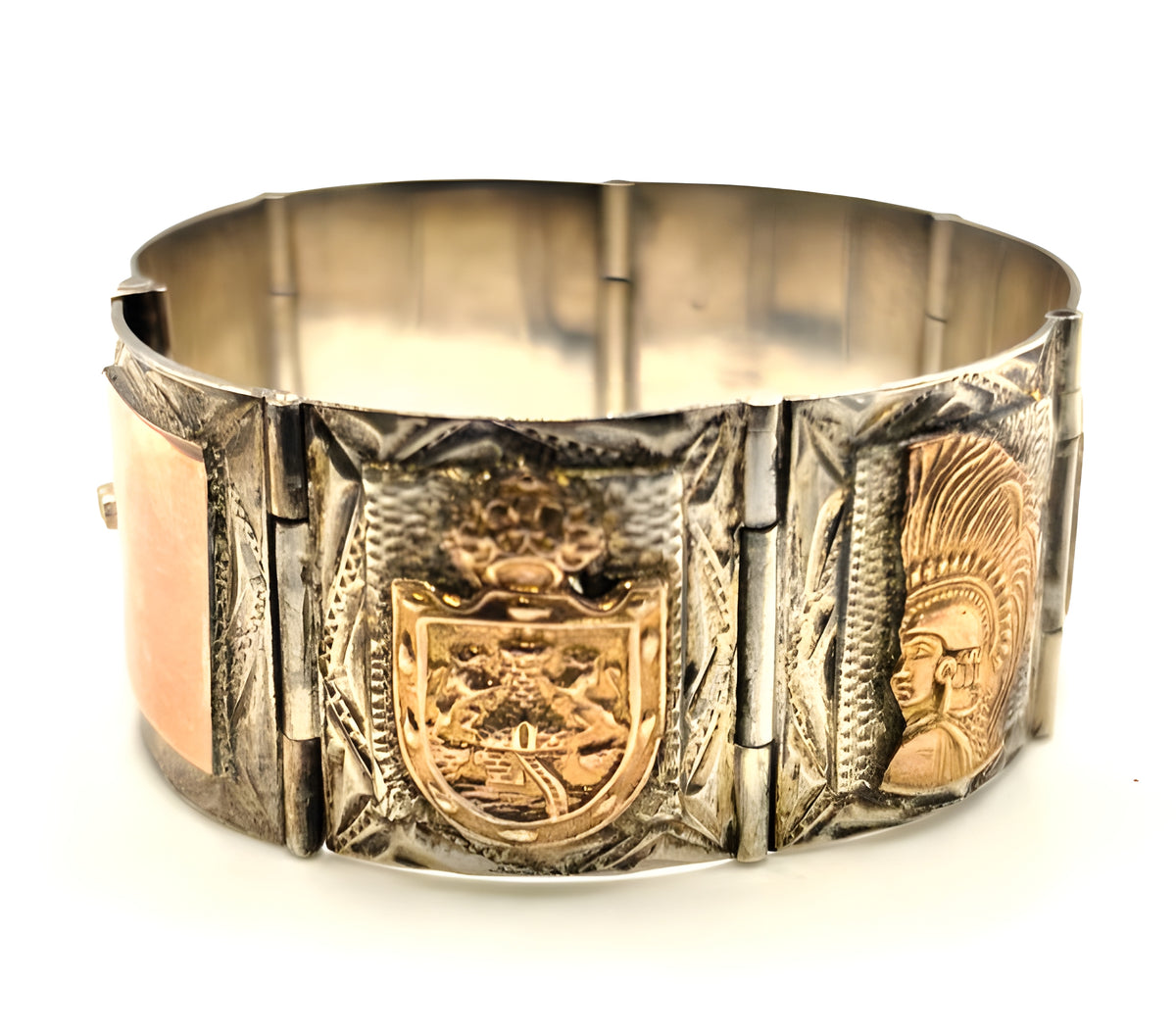 Vintage Mexico 925 Sterling Silver 7K Rose Gold Aztec Mayan Bracelet 69.4g