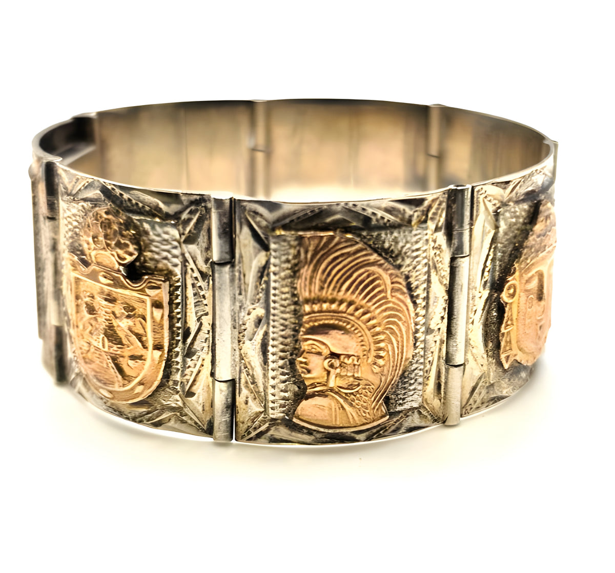 Vintage Mexico 925 Sterling Silver 7K Rose Gold Aztec Mayan Bracelet 69.4g