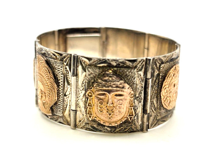 Vintage Mexico 925 Sterling Silver 7K Rose Gold Aztec Mayan Bracelet 69.4g