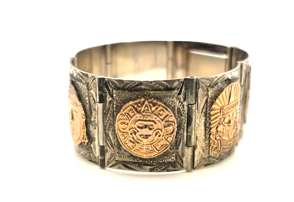 Vintage Mexico 925 Sterling Silver 7K Rose Gold Aztec Mayan Bracelet 69.4g
