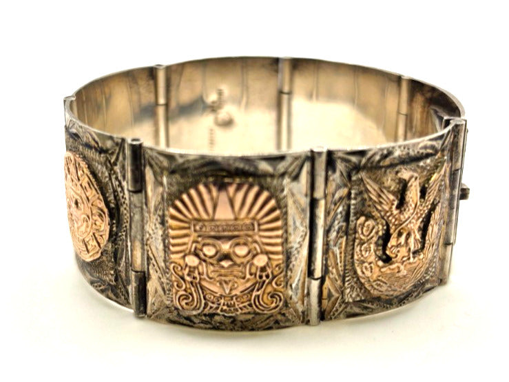 Vintage Mexico 925 Sterling Silver 7K Rose Gold Aztec Mayan Bracelet 69.4g