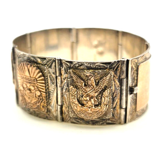 Vintage Mexico 925 Sterling Silver 7K Rose Gold Aztec Mayan Bracelet 69.4g