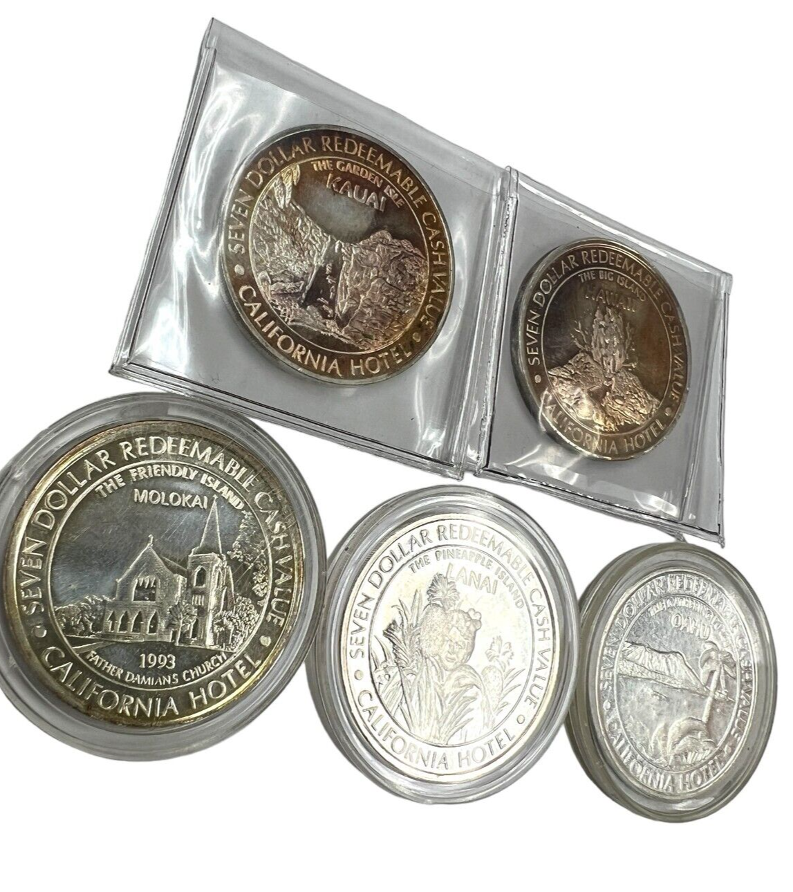 9.99 Silver Sam Boyd Gaming Tokens Lot of 5-Kauai, Hawaii, Molokai, Lanai & Oahu