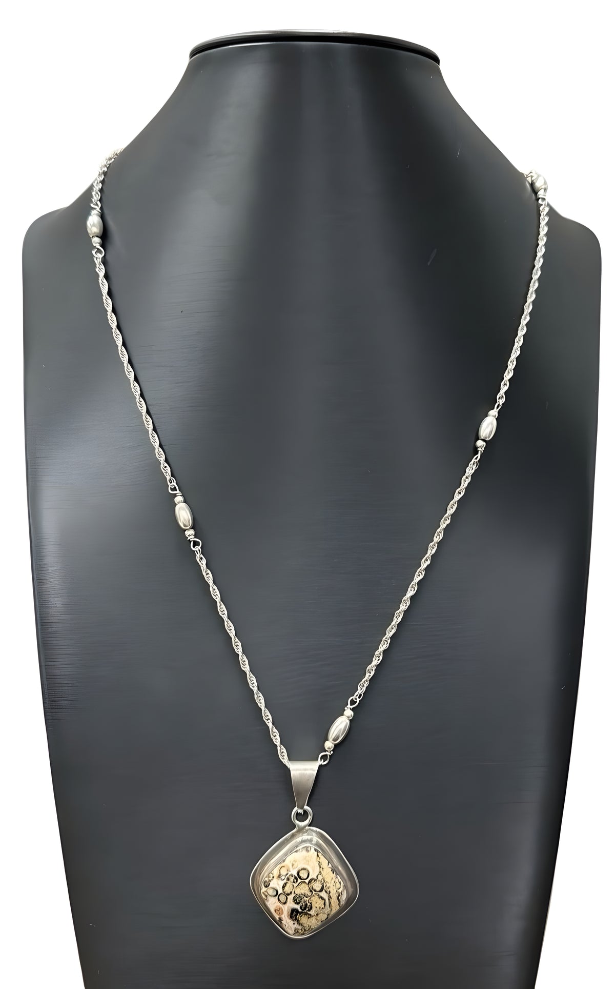 Sterling Silver Leopard Skin Jasper Necklace 32 inches