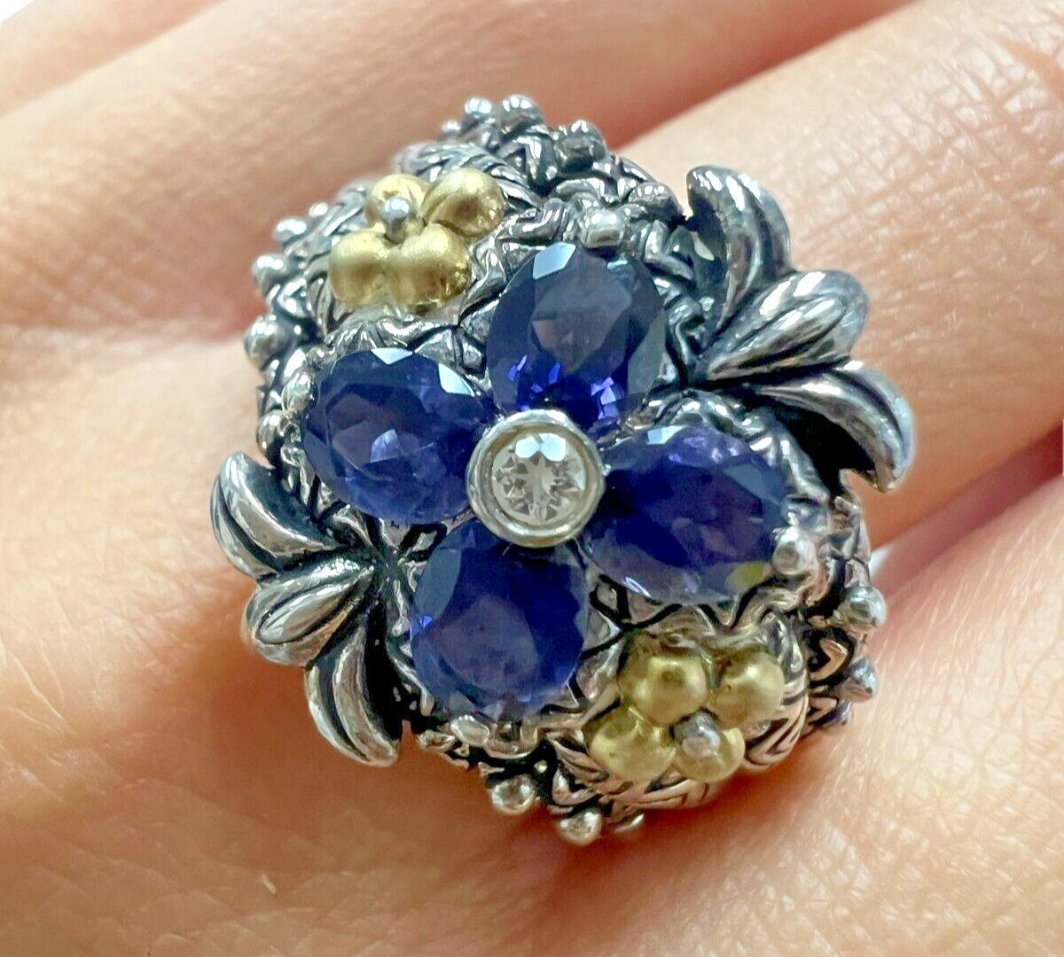 Barbara Bixby Sterling Silver, 18K Gold, Iolite and White Topaz Ring, Size 9