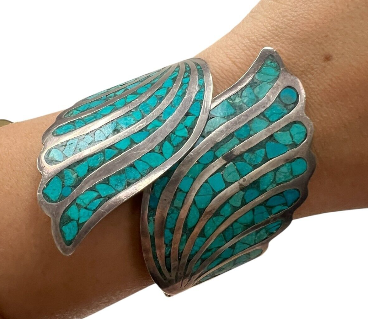 Sterling Silver Hinged Bracelet with Inlay Turquoise Chips Signed