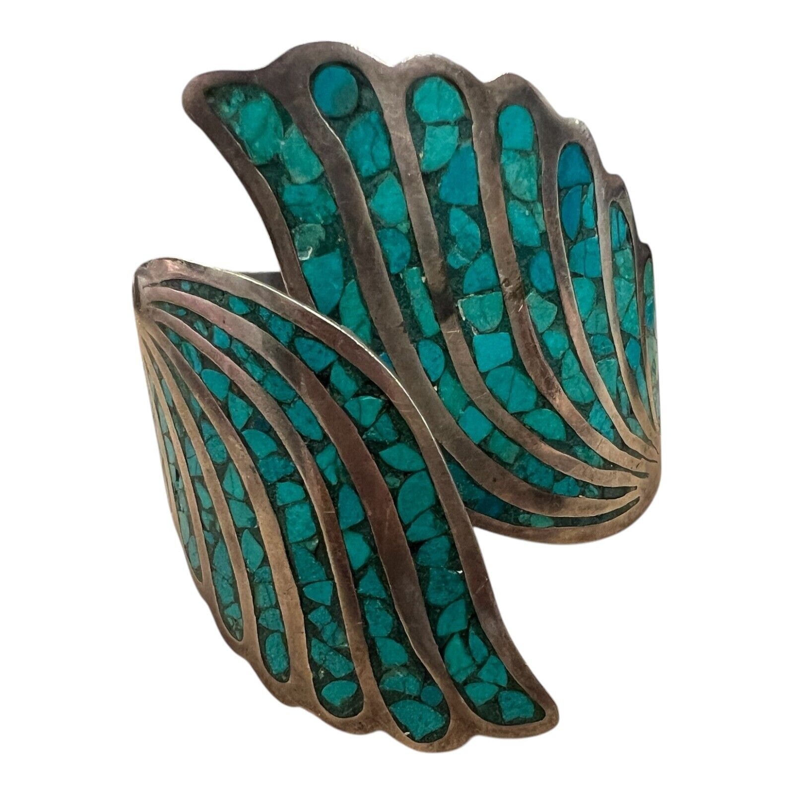 Sterling Silver Hinged Bracelet with Inlay Turquoise Chips Signed