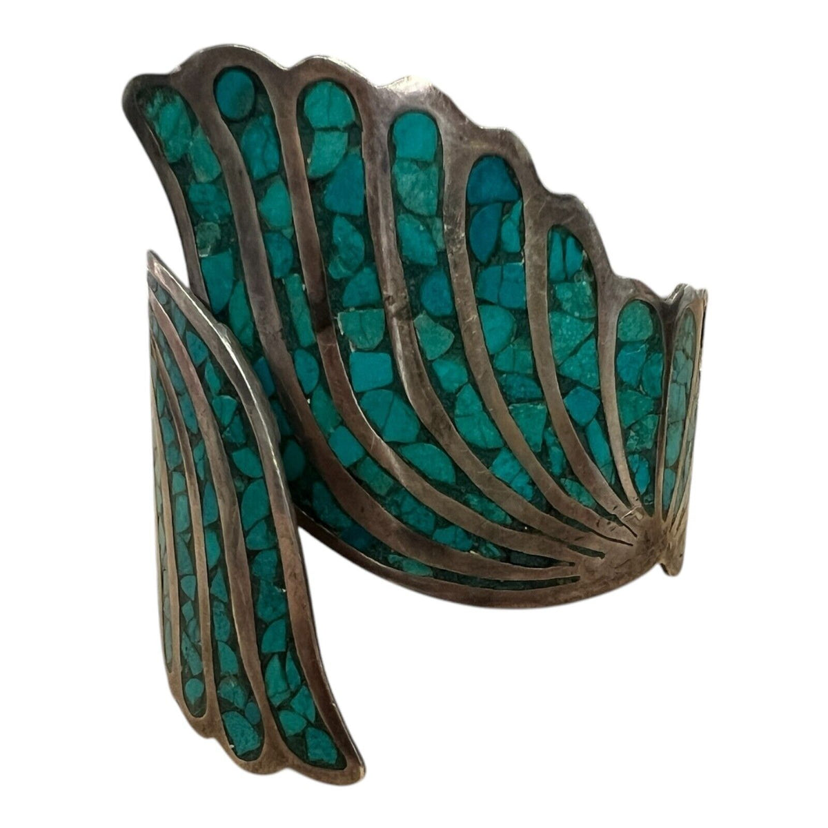 Sterling Silver Hinged Bracelet with Inlay Turquoise Chips Signed