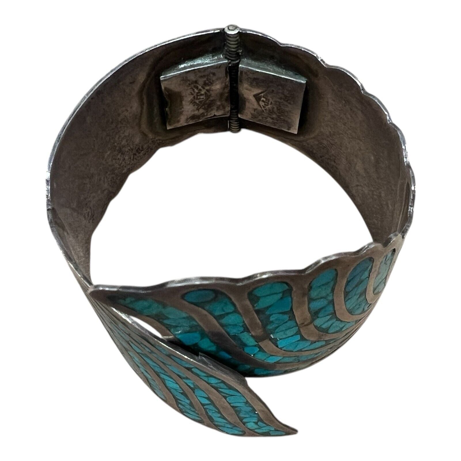 Sterling Silver Hinged Bracelet with Inlay Turquoise Chips Signed