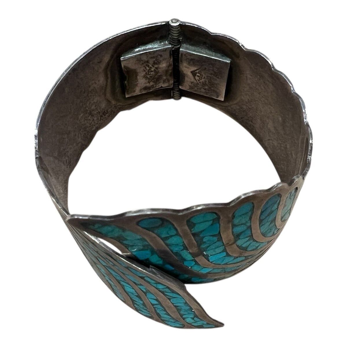 Sterling Silver Hinged Bracelet with Inlay Turquoise Chips Signed