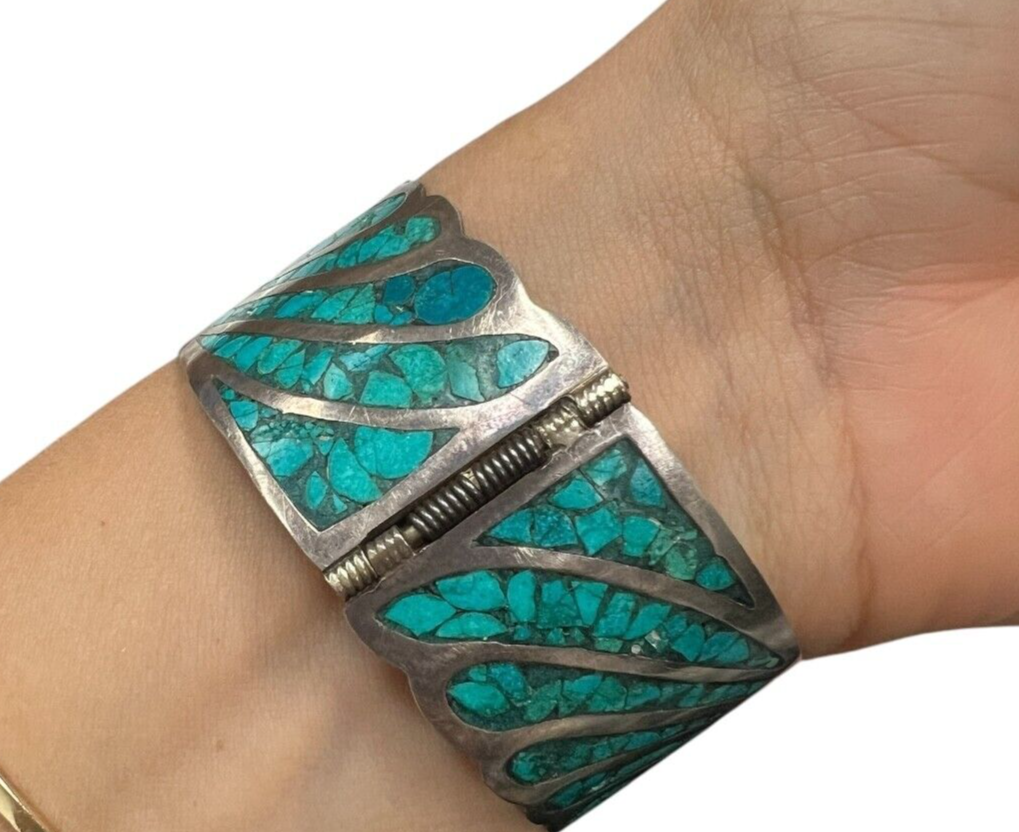 Sterling Silver Hinged Bracelet with Inlay Turquoise Chips Signed