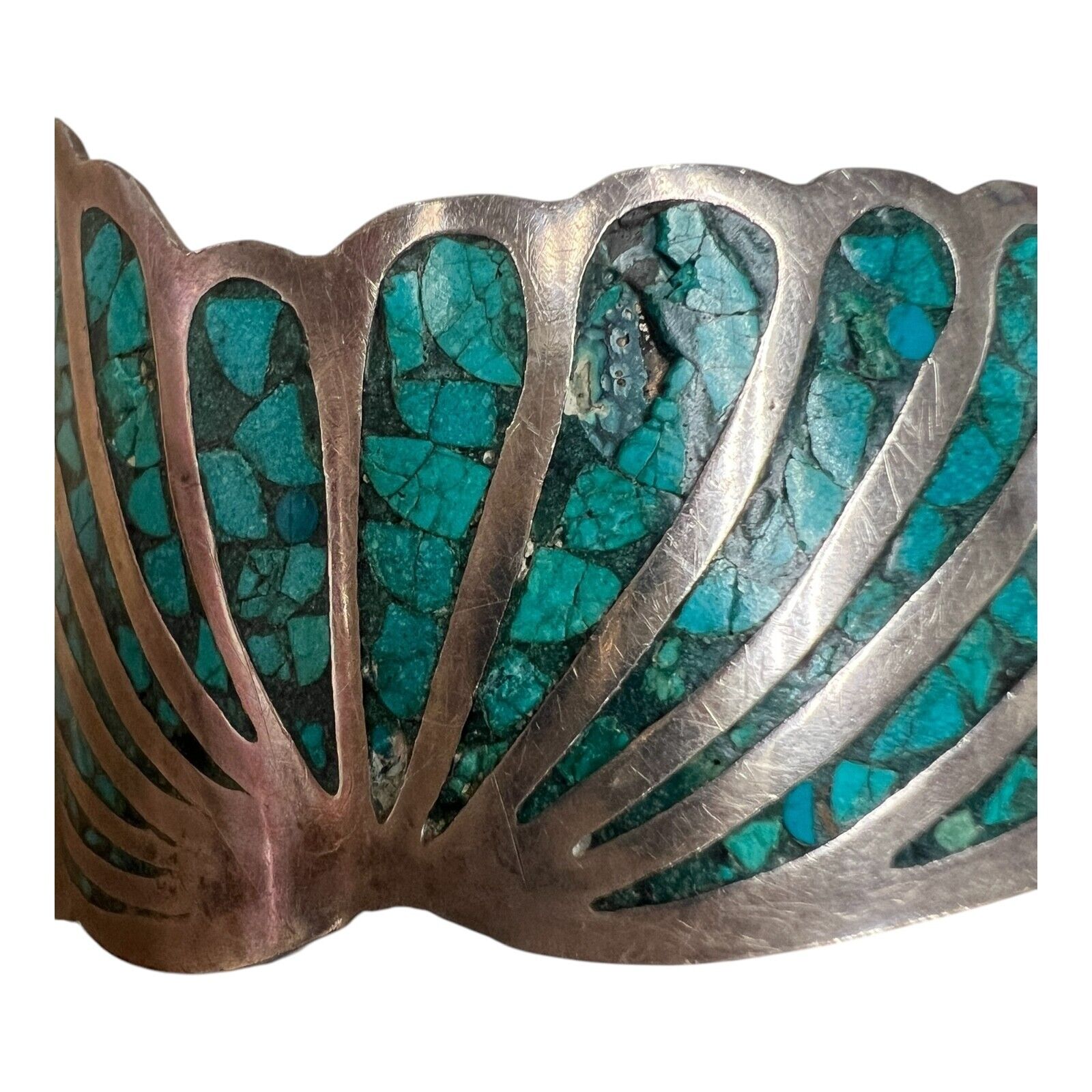 Sterling Silver Hinged Bracelet with Inlay Turquoise Chips Signed