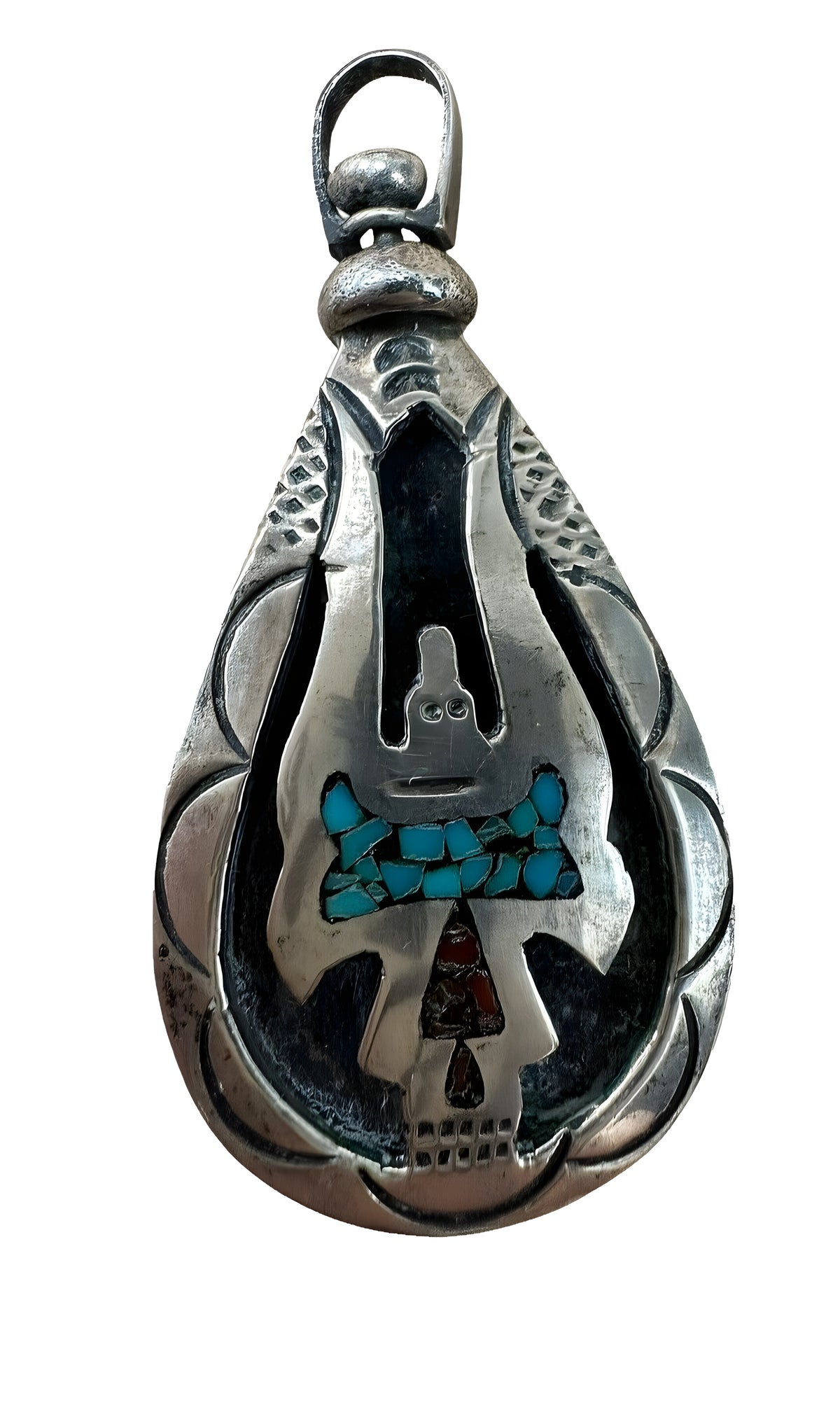 925 Sterling Silver Native American 2-Sided Turquoise & Inlay Pendant