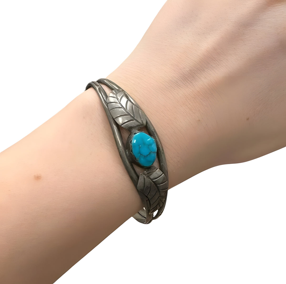 Vintage Native American Navajo Turquoise Feather Sterling Cuff Bracelet