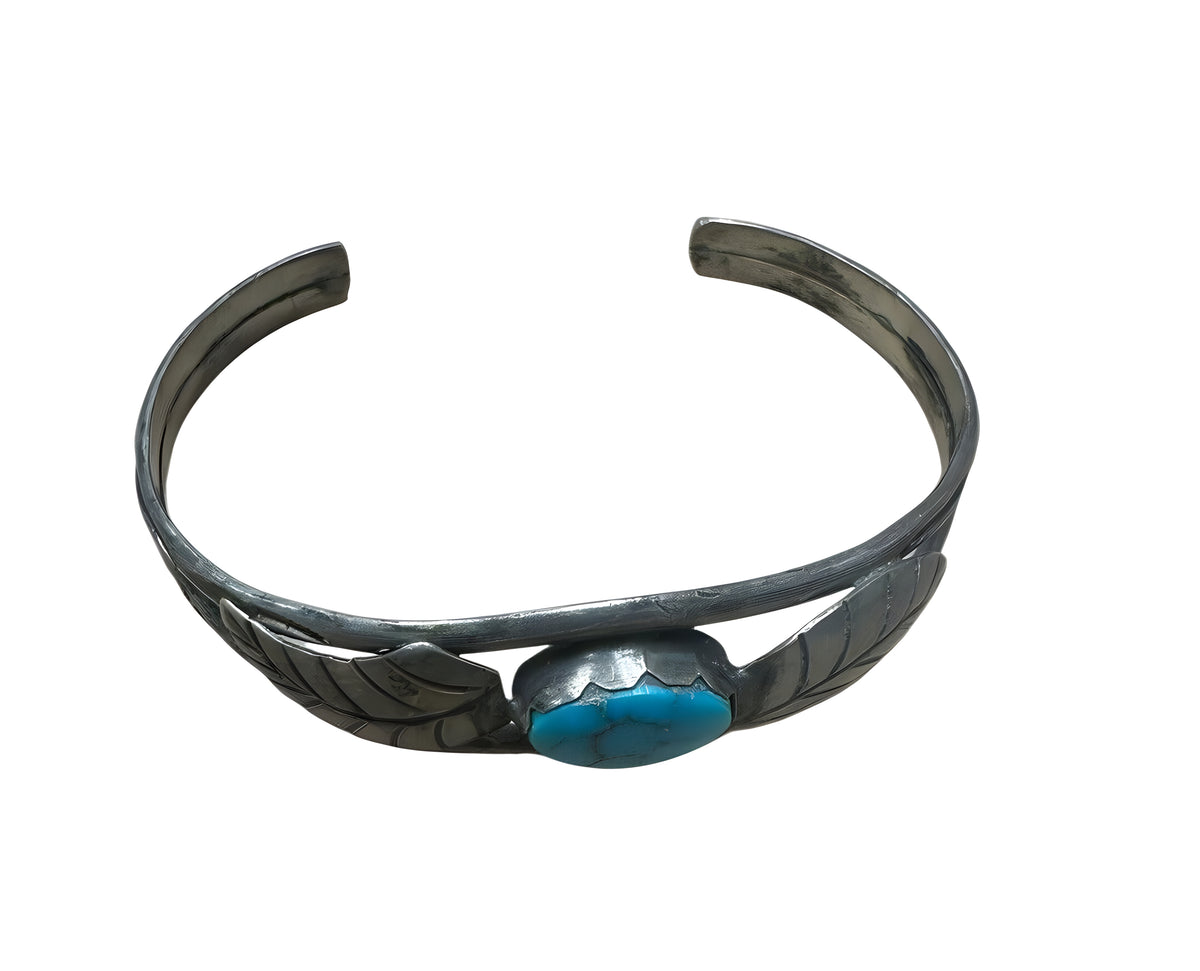 Vintage Native American Navajo Turquoise Feather Sterling Cuff Bracelet