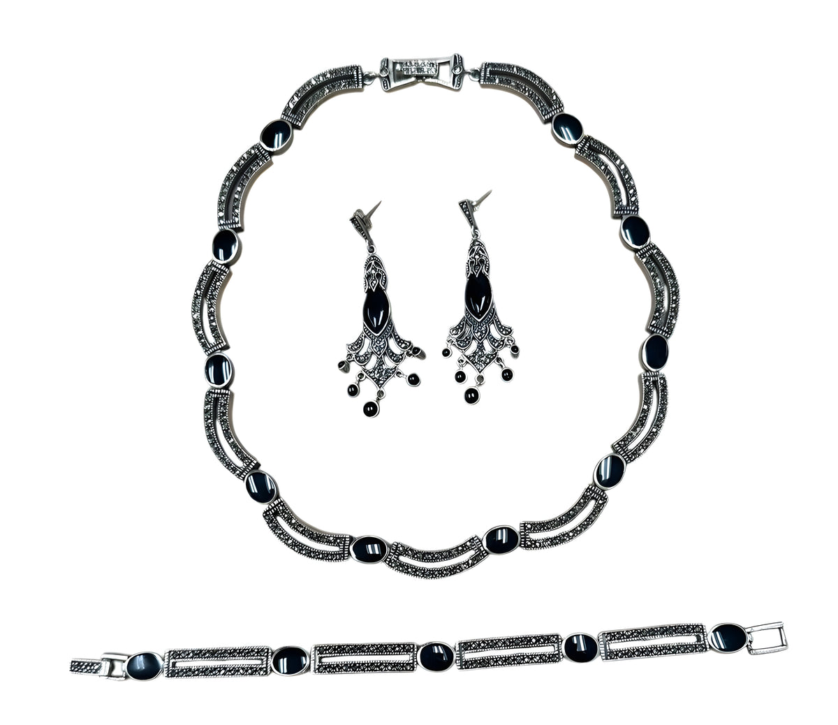 Onyx Marcasite Necklace Bracelet And Earring Set