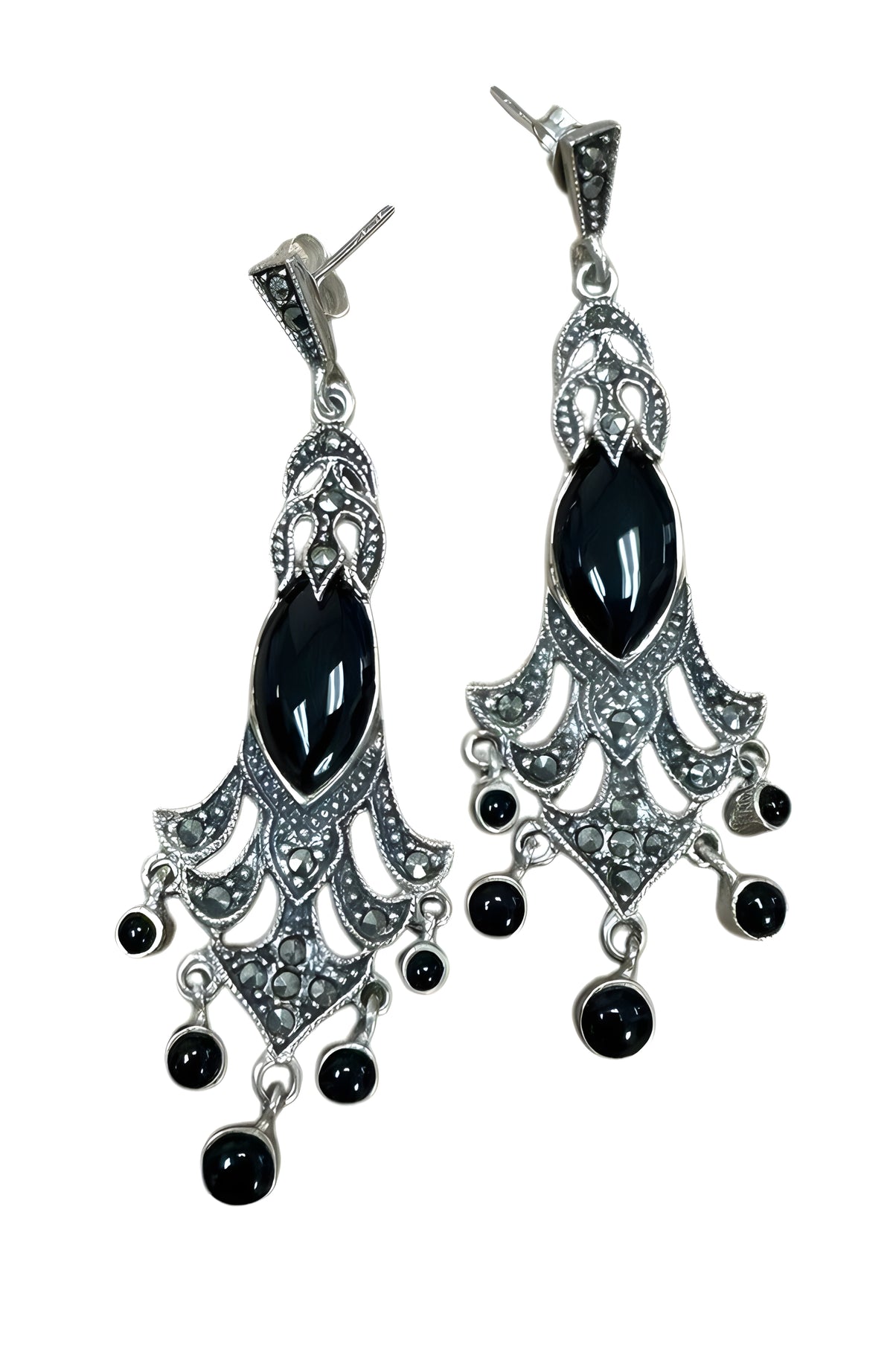Onyx Marcasite Necklace Bracelet And Earring Set