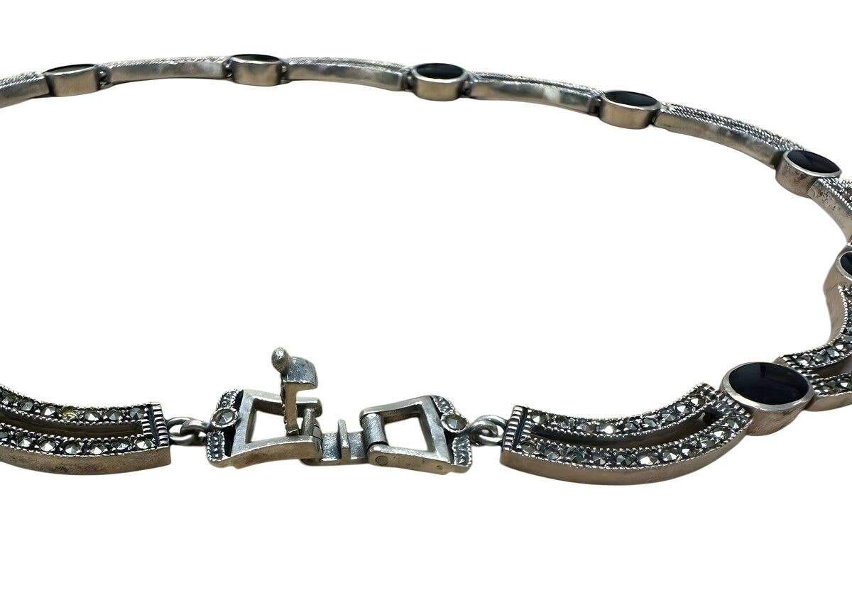 Onyx Marcasite Necklace Bracelet And Earring Set