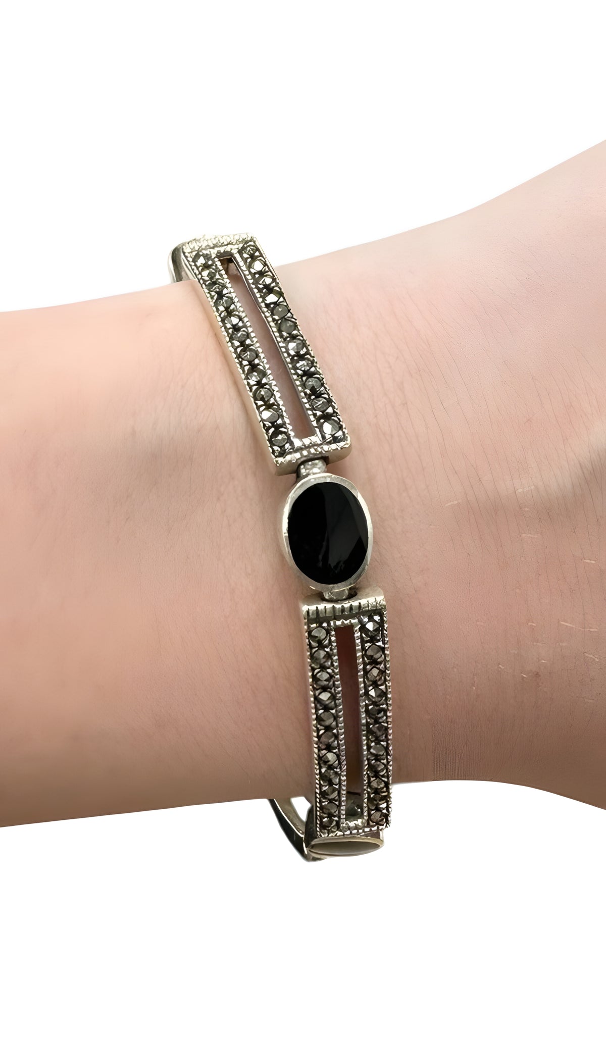 Onyx Marcasite Necklace Bracelet And Earring Set