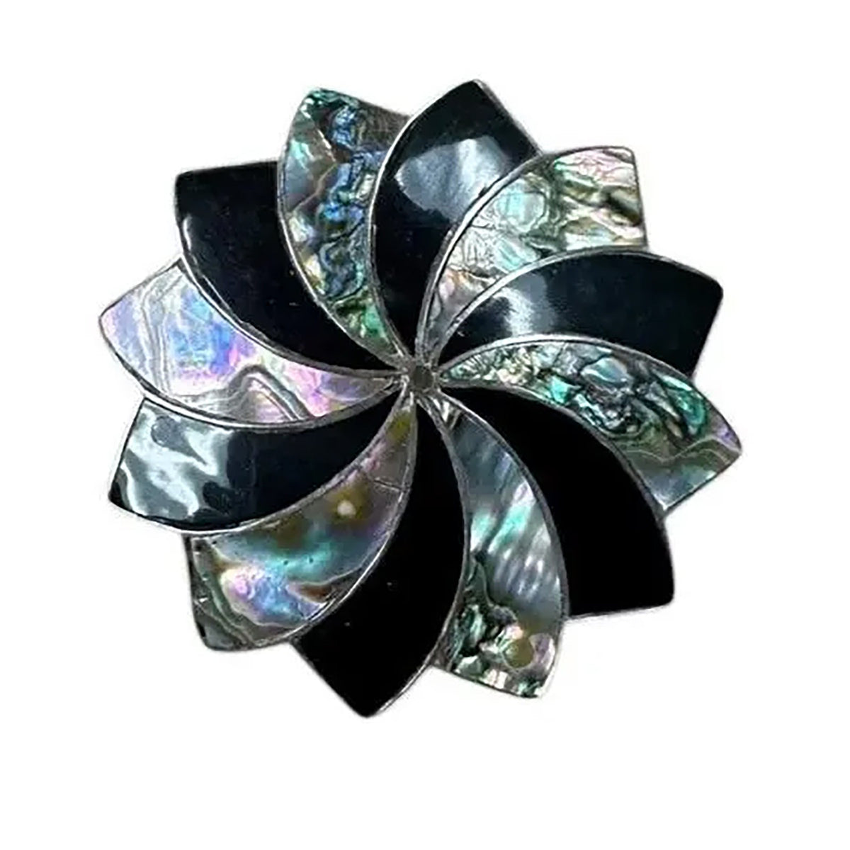 Sterling Silver Flower Shaped Abalone and Onyx Enamel Pendant/Brooch