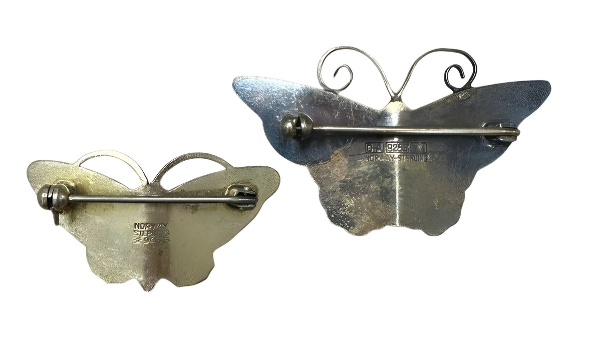 Askel Holmsen Sterling Silver & Blue Enamel Vintage Butterfly Brooches Norway