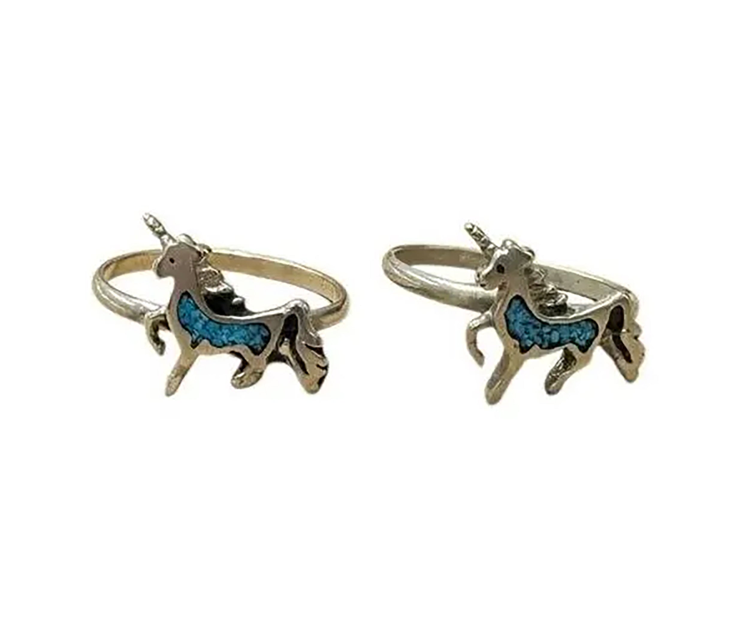 Two Sterling Silver Blue Enamel Unicorn Child Rings size 5