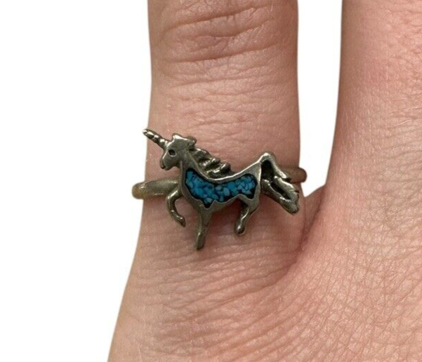 Two Sterling Silver Blue Enamel Unicorn Child Rings size 5