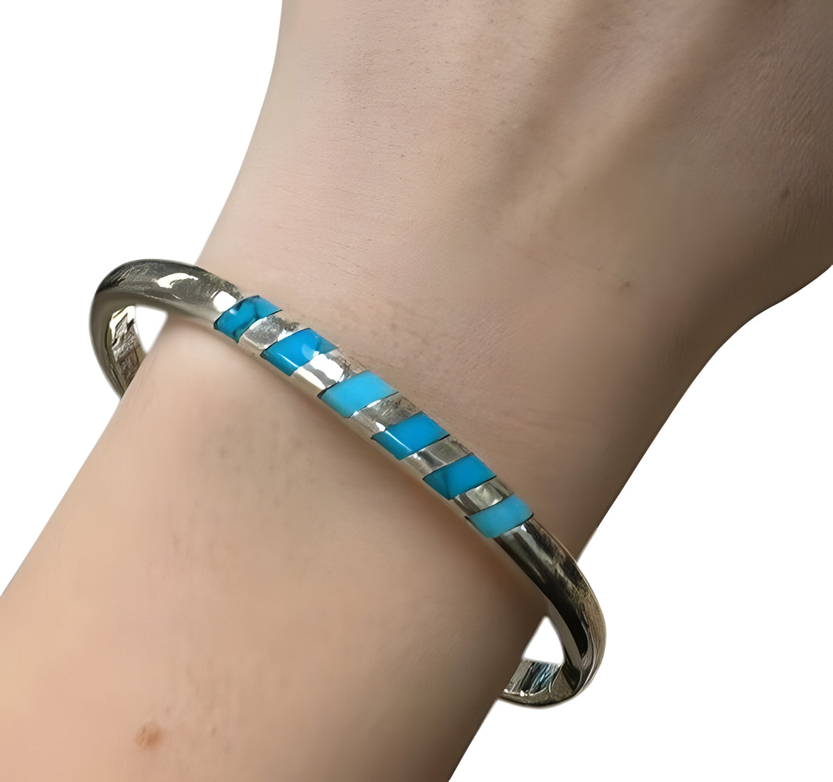 Taxco Sterling Silver Turquoise Inlay Hinged Bangle Bracelet