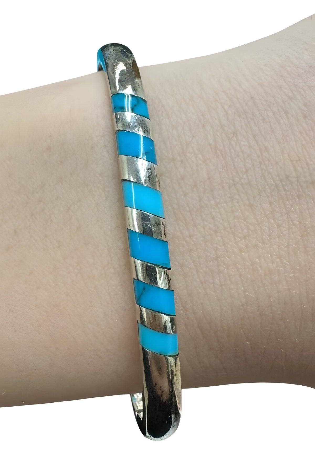 Taxco Sterling Silver Turquoise Inlay Hinged Bangle Bracelet