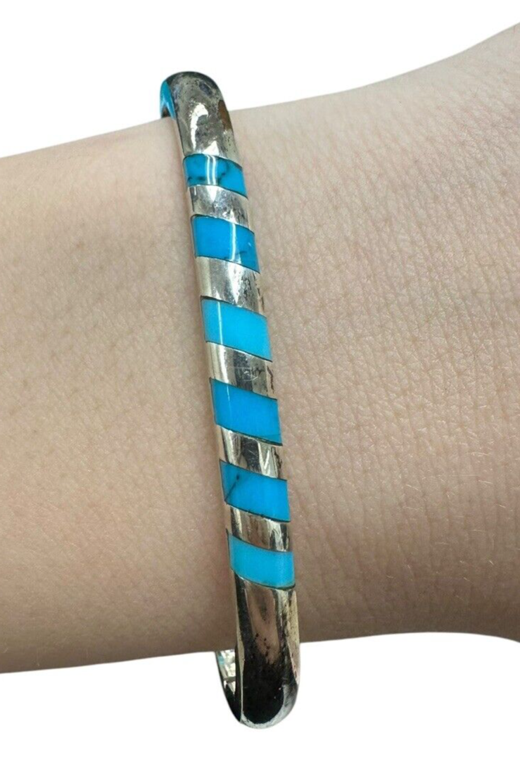 Taxco Sterling Silver Turquoise Inlay Hinged Bangle Bracelet