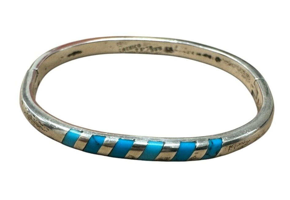 Taxco Sterling Silver Turquoise Inlay Hinged Bangle Bracelet