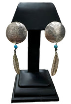 Sterling Silver Hammered Circle Turquoise Feather Earrings